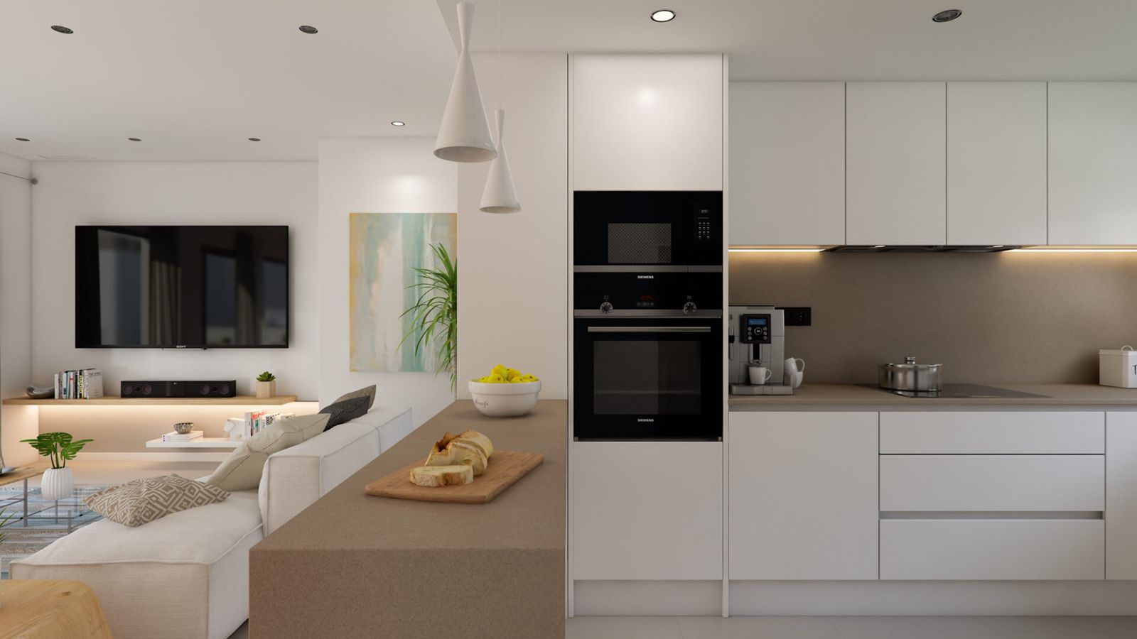 Modern woonkamer en keuken ontwerp met witte kasten en inbouwapparatuur.