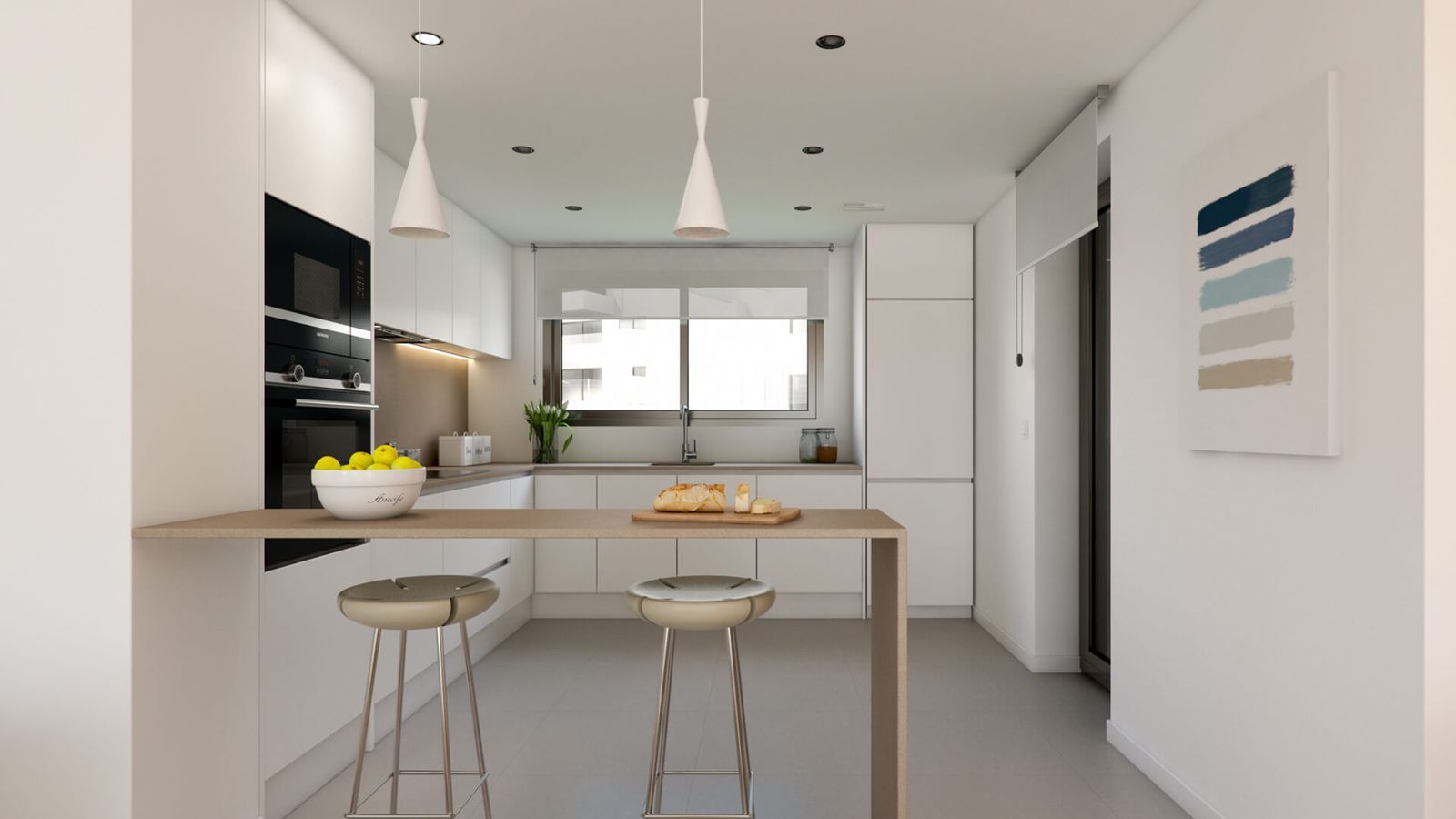 Moderne witte keuken met kookeiland en barstoelen in Arrecife